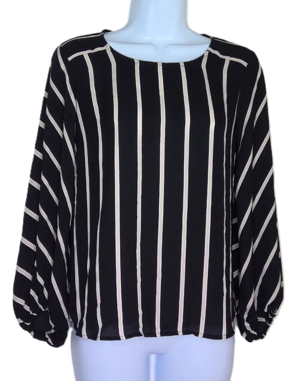 Loft Petite Flowy Top Black Cream & White Striped Career 3/4 Puff Sleeve Sz XXSP